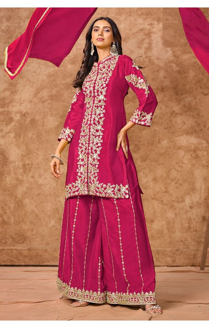 Ruby red embroidered palazzo salwar kameez with dupatta – wedding and festive Indian ethnic wear