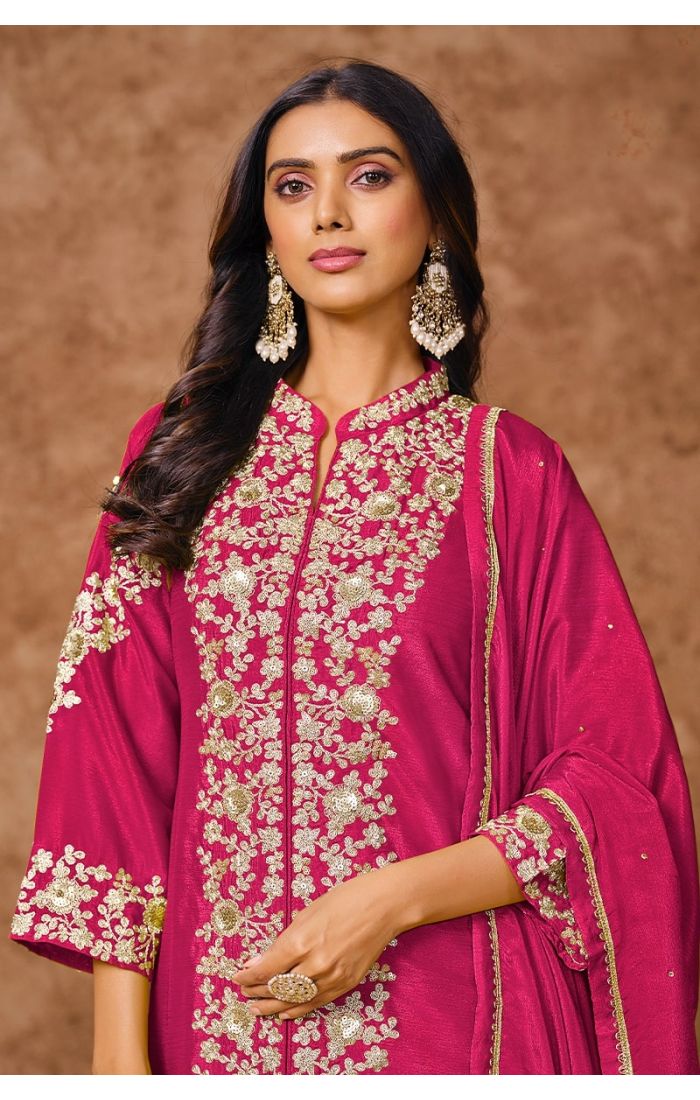 Ruby red embroidered palazzo salwar kameez with dupatta – wedding and festive Indian ethnic wear