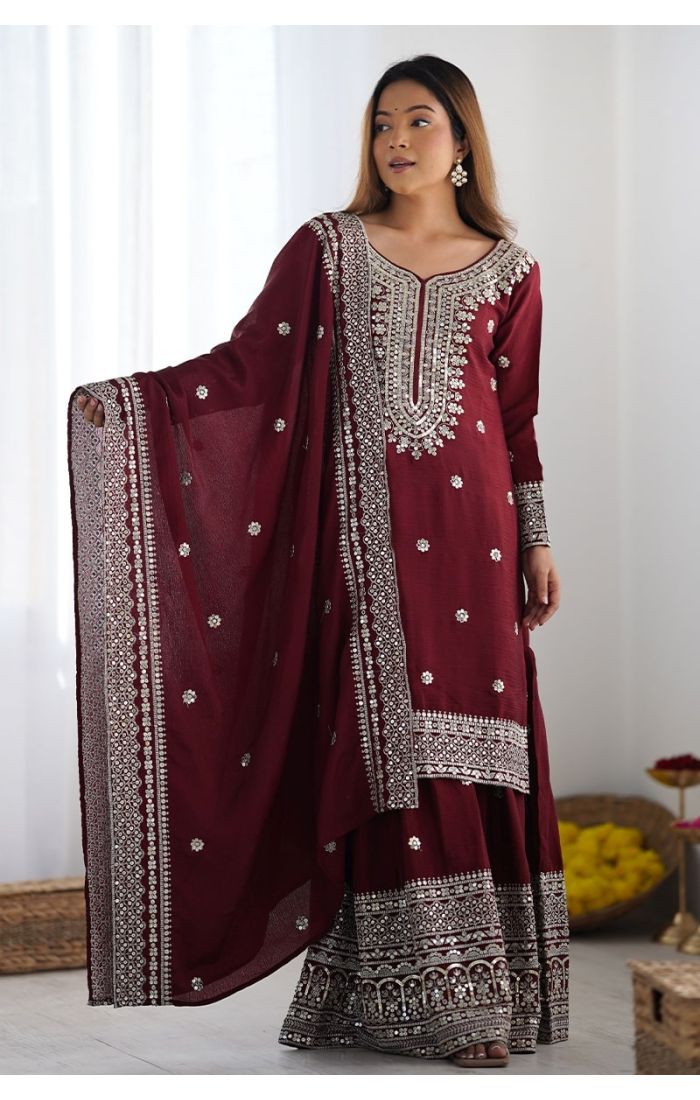 Maroon Chinon Silk Sharara Suit with Mirror & Sequin Embroidery for Weddings & Festive Wear