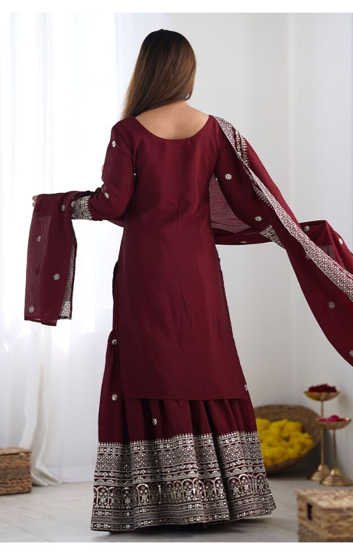 Maroon Chinon Silk Sharara Suit with Mirror & Sequin Embroidery for Weddings & Festive Wear