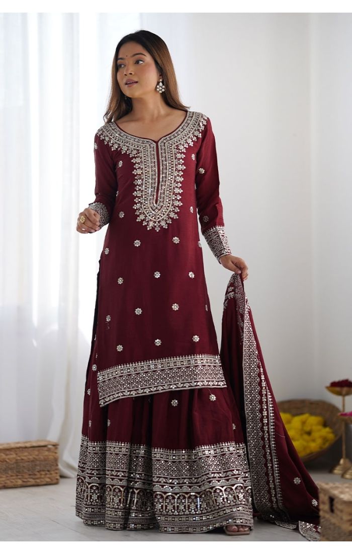 Maroon Chinon Silk Sharara Suit with Mirror & Sequin Embroidery for Weddings & Festive Wear