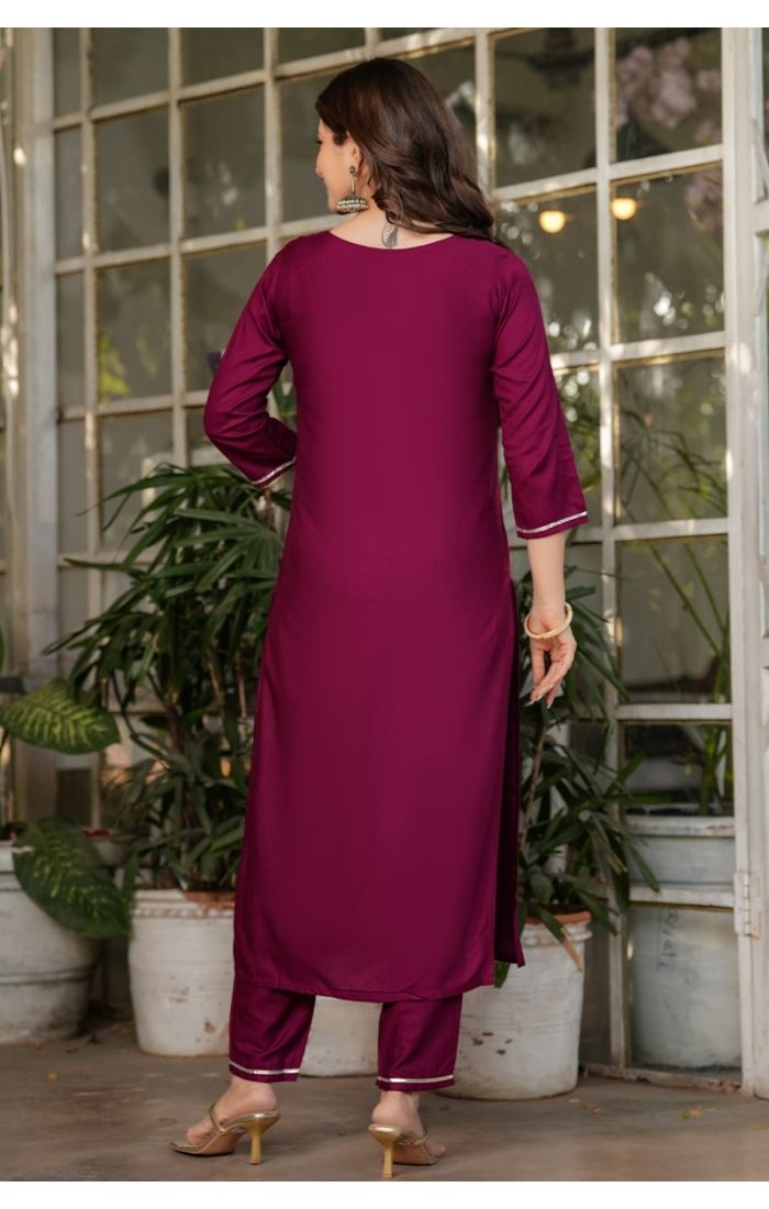 Maroon embroidered cotton kurta pant set with printed dupatta for festive and wedding occasions.