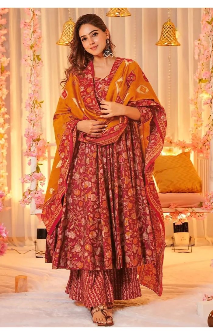 Maroon Anarkali Kurta Set with Gold Foil Print, Palazzo Pants & Mustard Dupatta – Perfect for Weddings & Festive Occasions