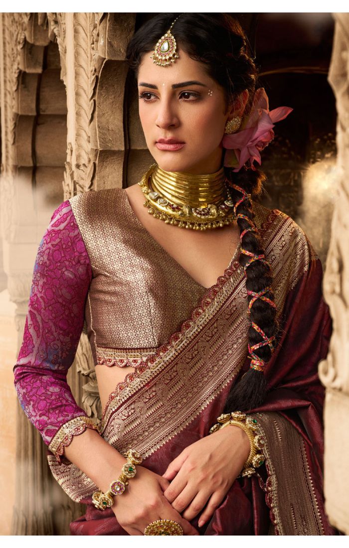 Close Up - Maroon Silk Zari Work Party Wear Saree SREV4038 – Shop Indian Designer Sarees