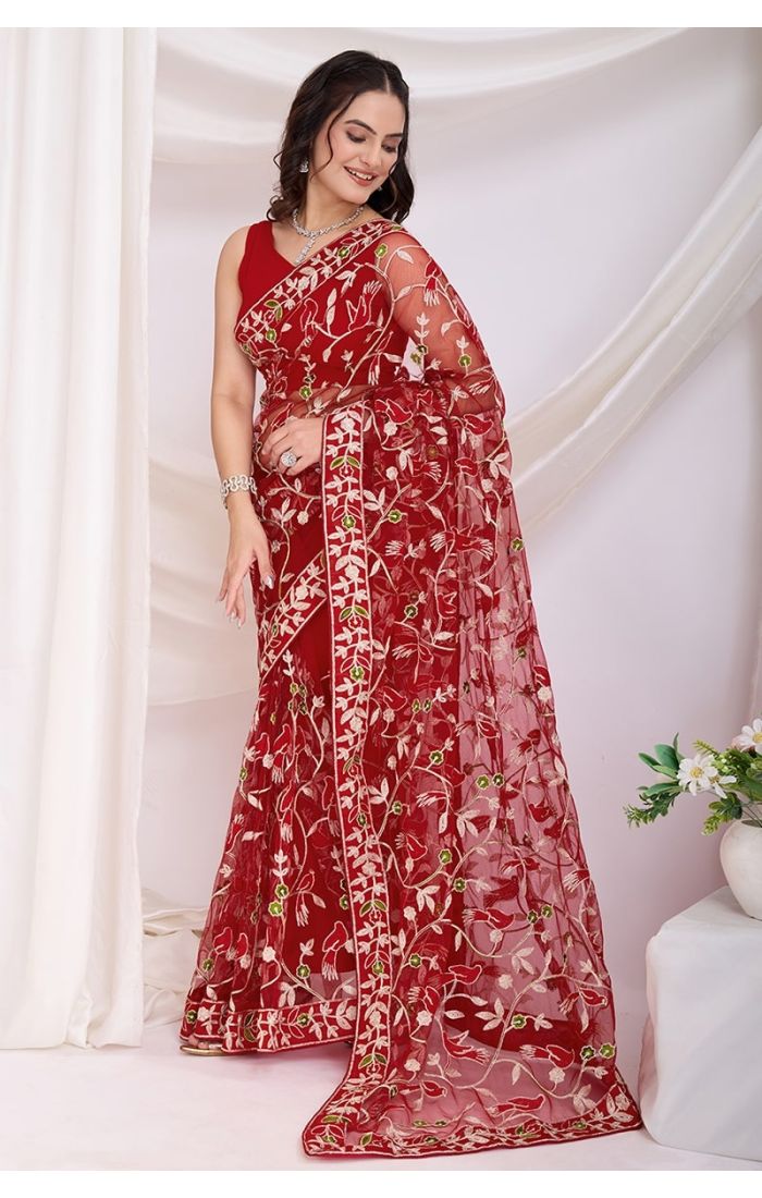 Maroon Soft Net Embroidered Saree with Silk Blouse – Wedding & Festive Wear