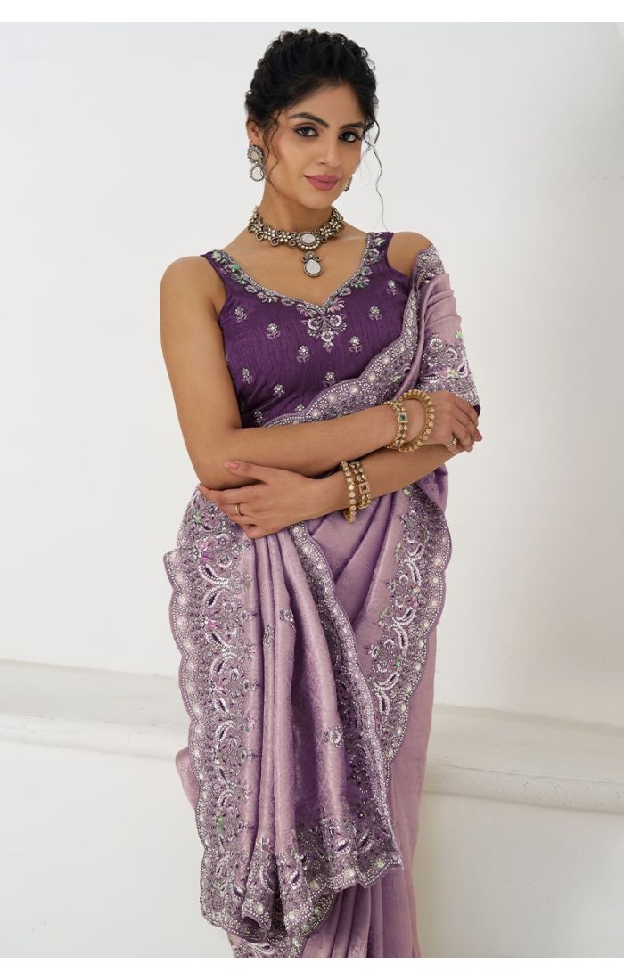 Close-Up of Mauve Silk Saree Blouse with Embroidery