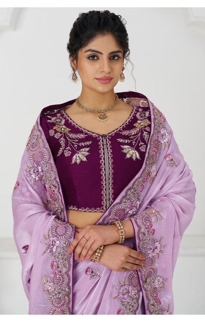  Close-up of blouse neckline and saree border with intricate sequin and zari work in mauve and wine shades.