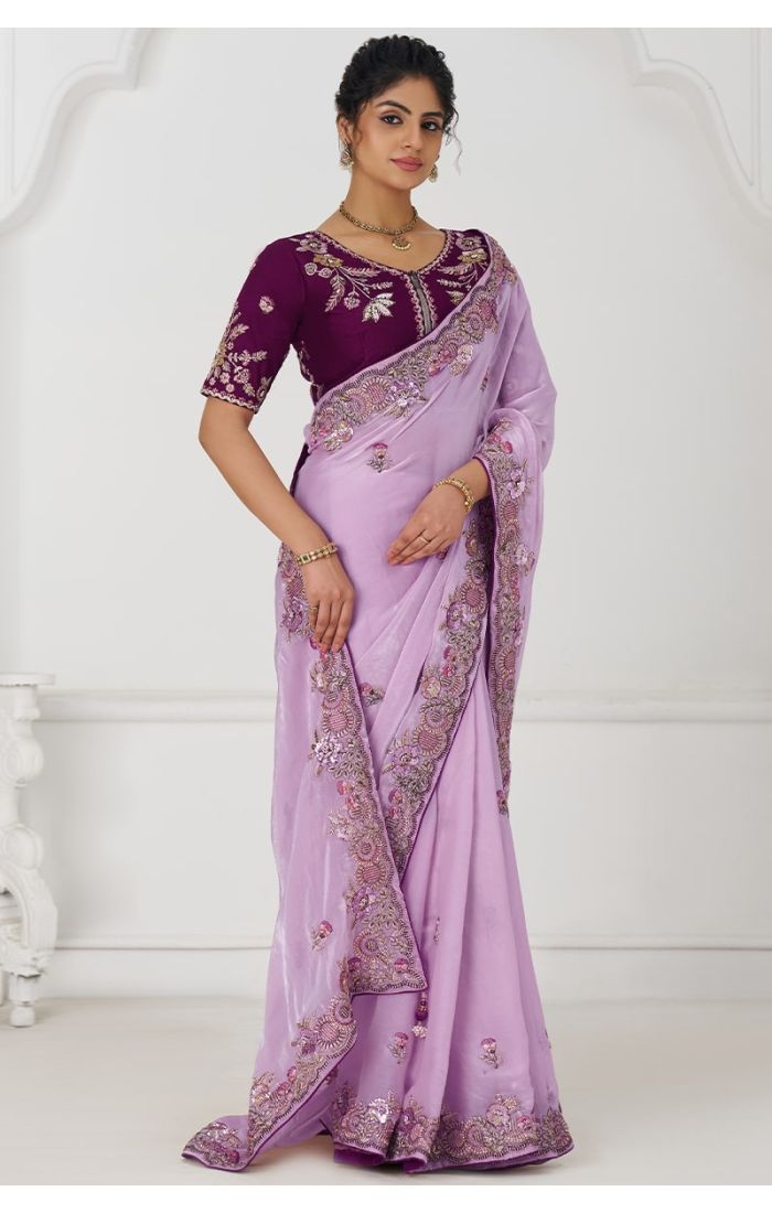 Front view of mauve Fendi silk saree with sequin and zari embroidery, styled with wine embroidered blouse.