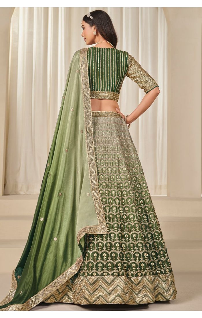 Dupatta drape styling of green mehendi chinon silk lehenga outfit