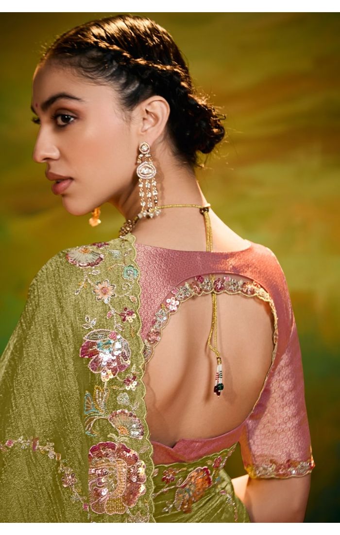Back view highlighting embroidered pallu and lace border of Mehfil Glow saree