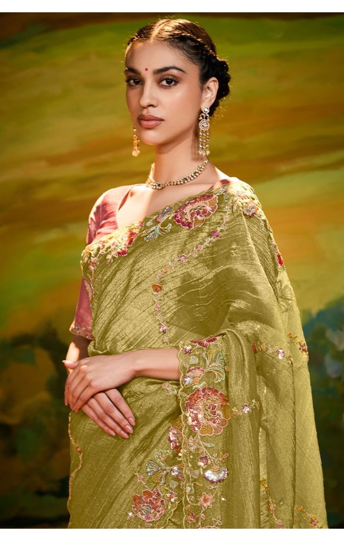  Close-up showcasing stone and sequin embroidery on parrot green organza saree