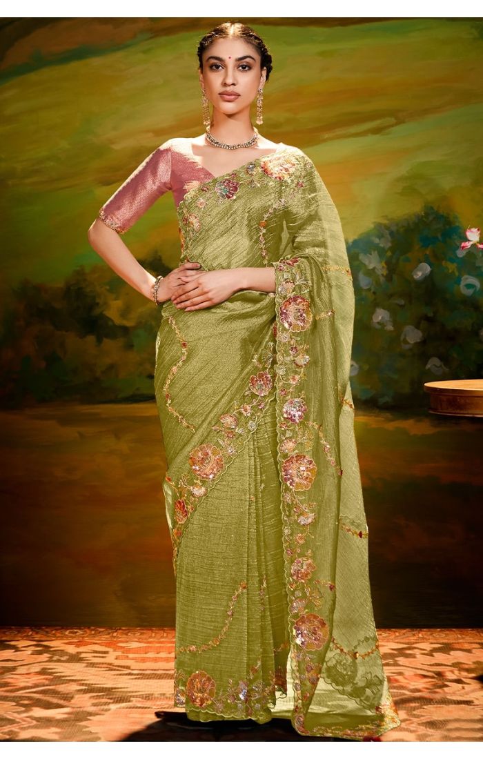 Front view of Mehfil Glow parrot green organza saree with zari and resham embroidery – Appelle Fashion