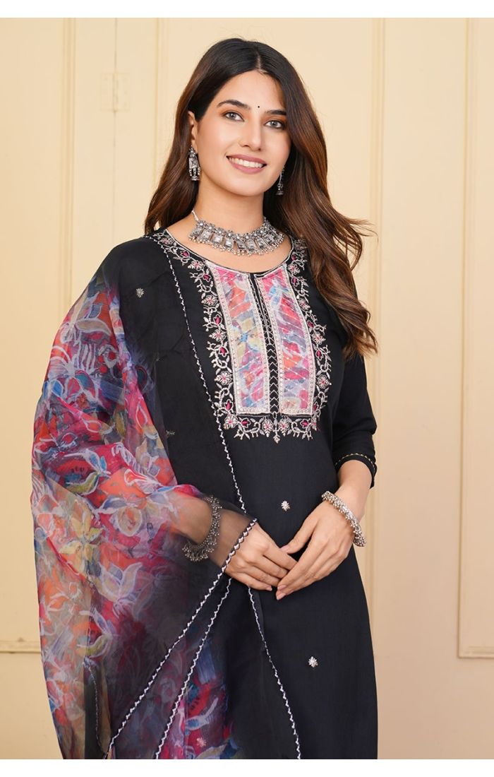  Midnight Black Embroidered Chanderi Kurta Set with Floral Chiffon Dupatta for Weddings & Festive Wear