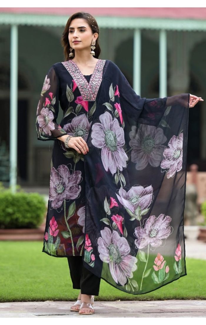 Midnight Bloom Black Floral Kaftan Suit – Embroidered Indian Outfit for Weddings & Festive Occasions.