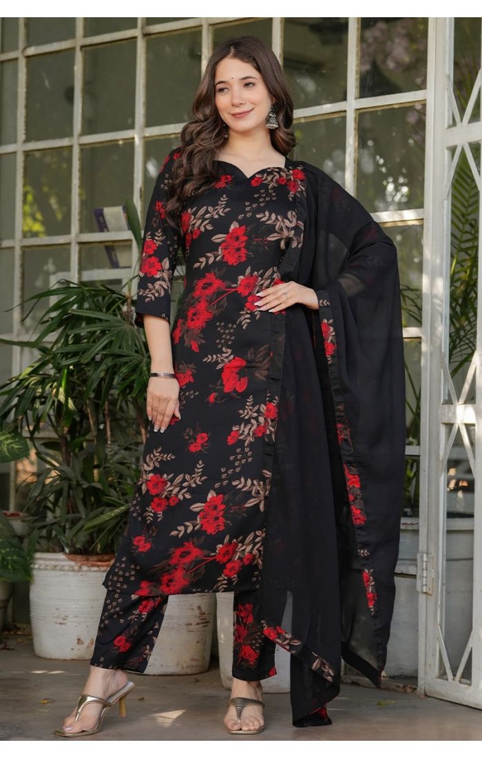 Midnight Bloom Black Floral Kurta Pant Set – Ethnic Wedding & Festive Wear for Women