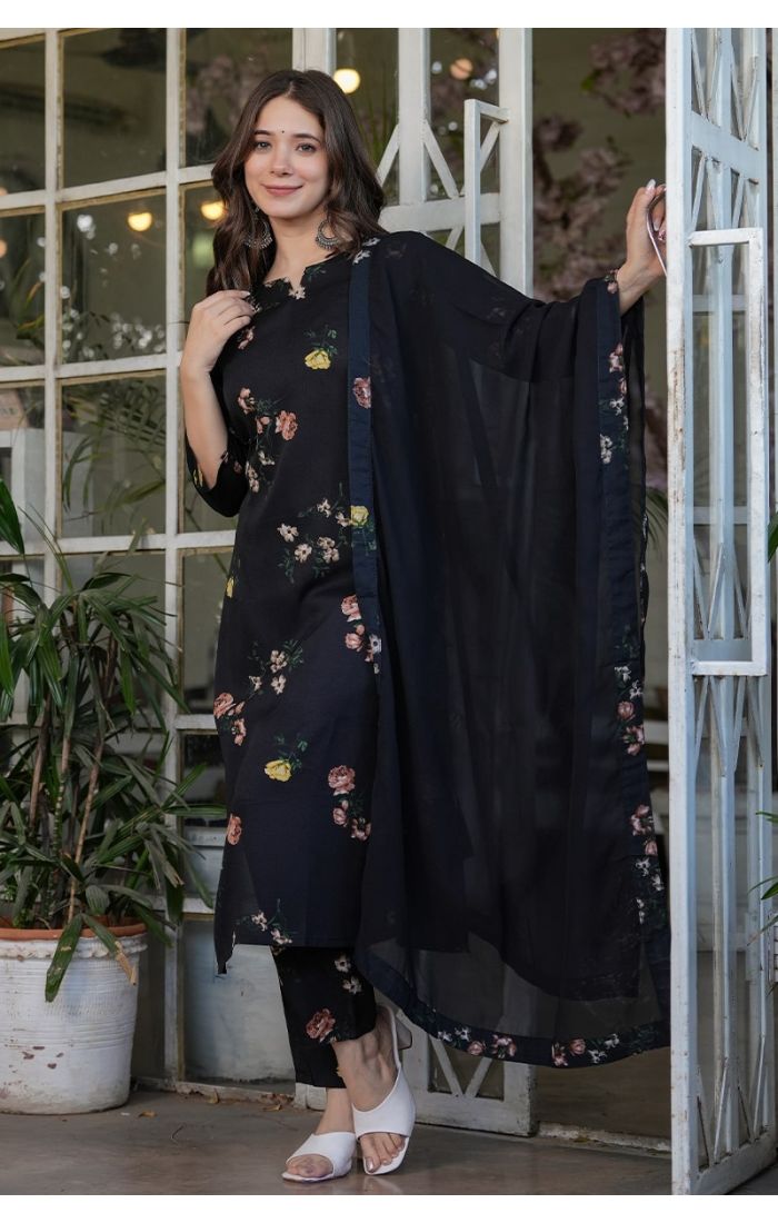  Midnight Blossom Black Floral Kurta Pant Set with Dupatta for Weddings & Festive Wear