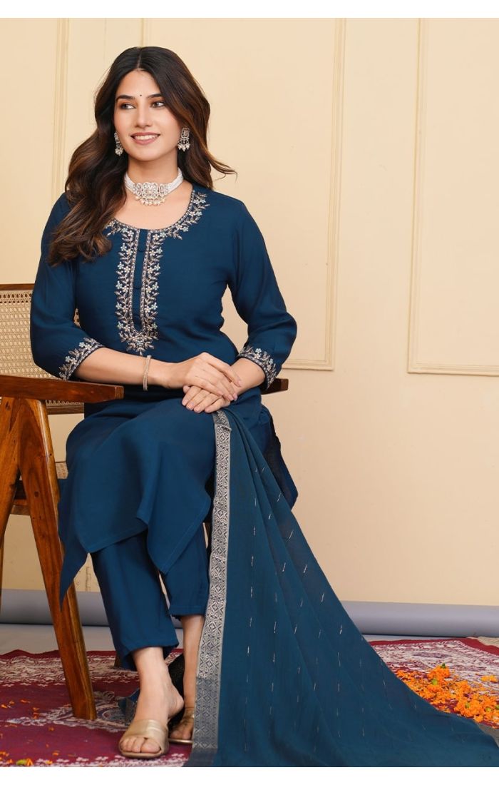 Midnight Blue Embroidered Chanderi Kurta Set for Festive & Wedding Wear