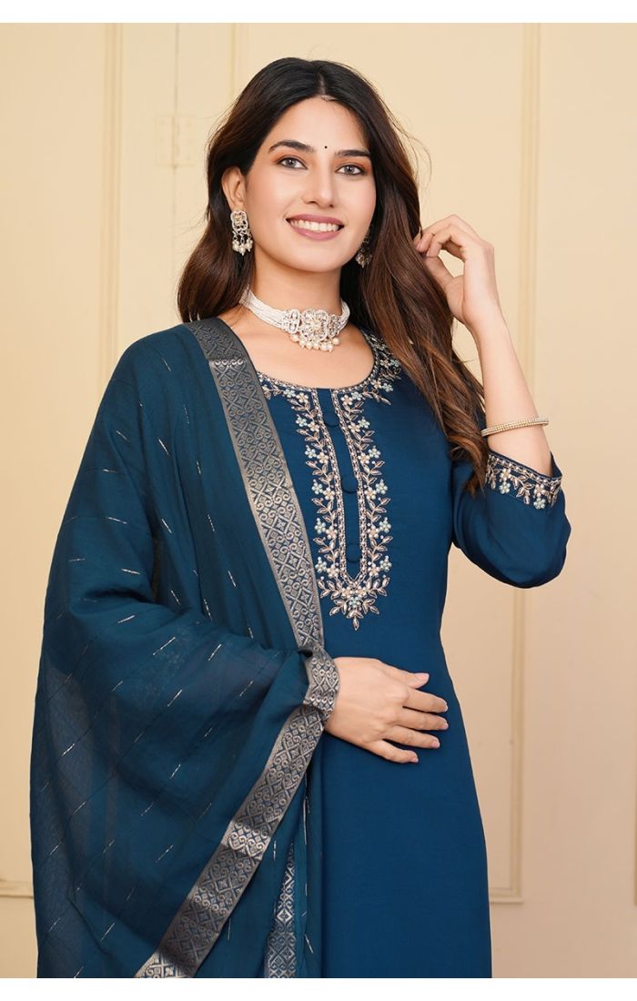 Midnight Blue Embroidered Chanderi Kurta Set for Festive & Wedding Wear