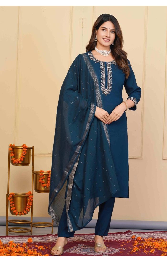 Midnight Blue Embroidered Chanderi Kurta Set for Festive & Wedding Wear