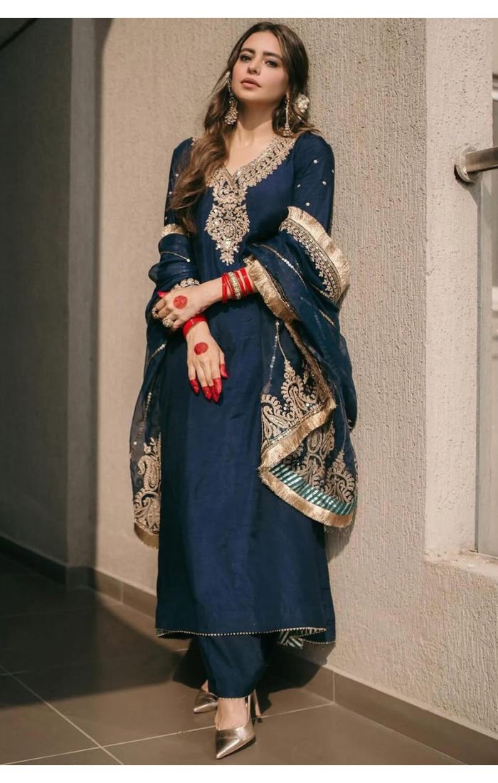 Midnight Blue Zari Embroidered Salwar Suit Set with Dupatta for Weddings & Festivals