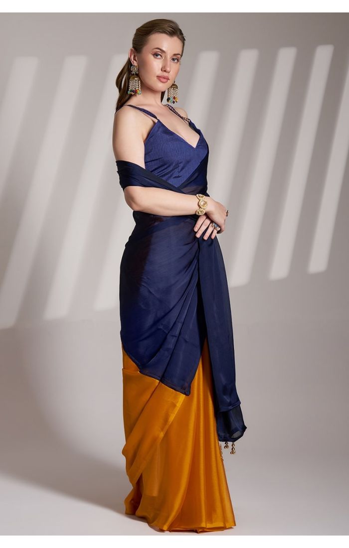 Golden yellow chiffon saree with navy blue art silk blouse – Elegant wedding and festive wear