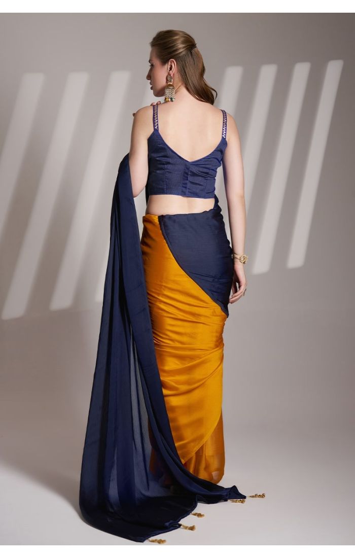 Golden yellow chiffon saree with navy blue art silk blouse – Elegant wedding and festive wear