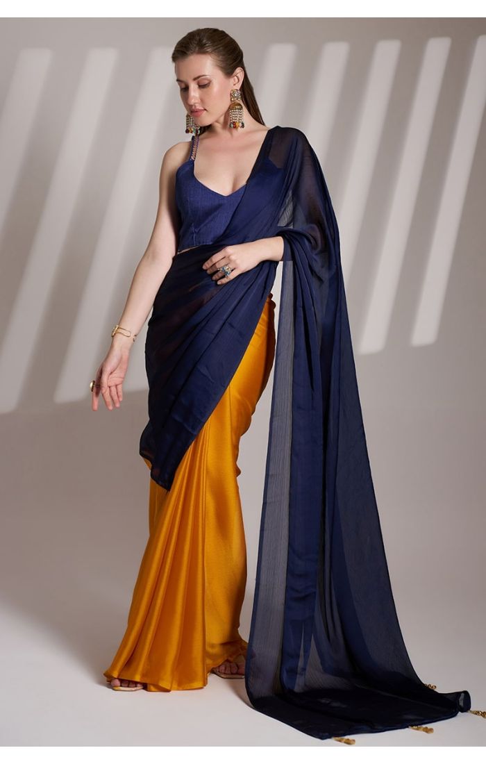 Golden yellow chiffon saree with navy blue art silk blouse – Elegant wedding and festive wear