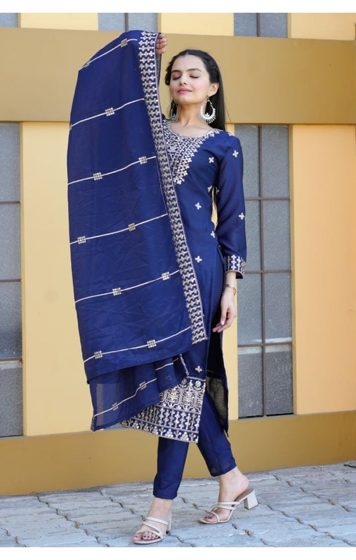 Midnight Majesty Navy Blue Chinon Suit with Golden Embroidery - Wedding & Festive Ethnic Wear