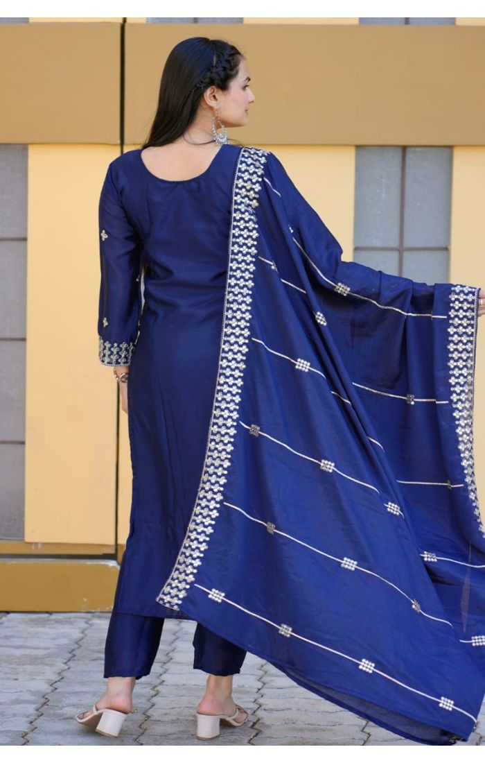 Midnight Majesty Navy Blue Chinon Suit with Golden Embroidery - Wedding & Festive Ethnic Wear