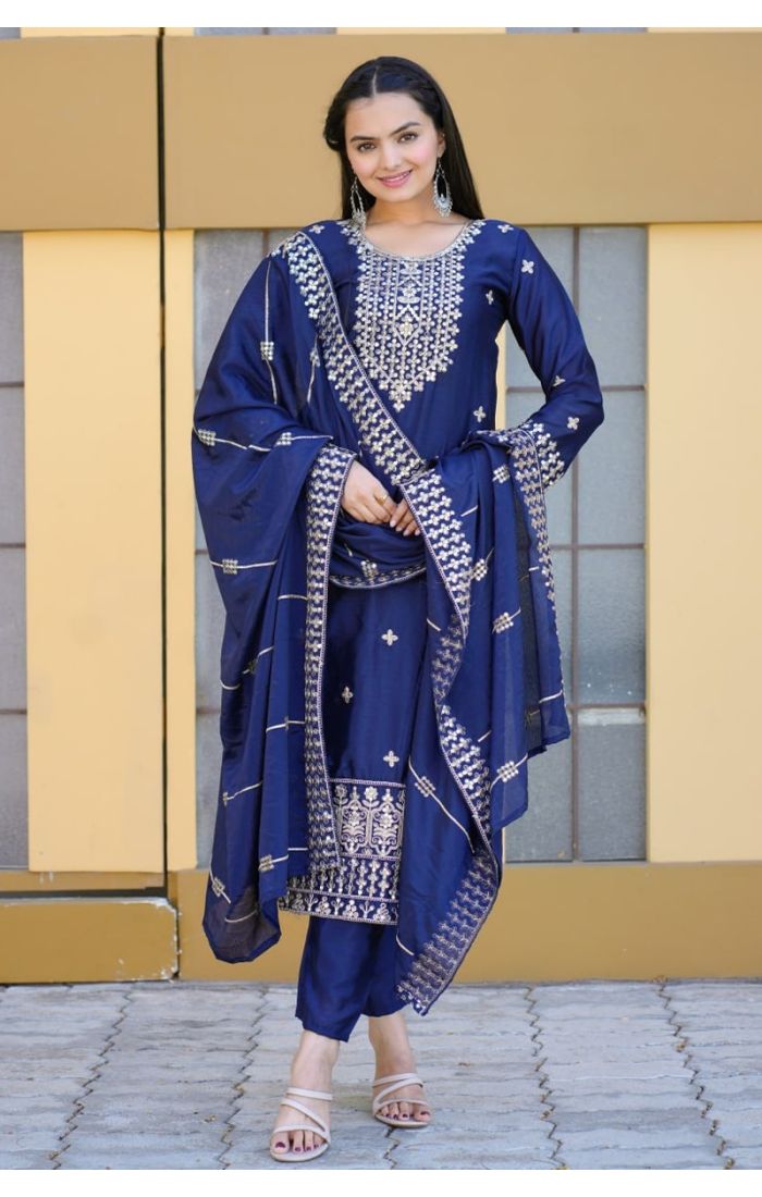 Midnight Majesty Navy Blue Chinon Suit with Golden Embroidery - Wedding & Festive Ethnic Wear