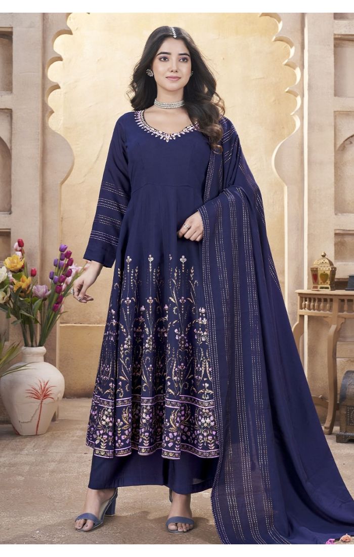 Midnight Royal Navy Blue Embroidered Palazzo Suit with Tassel Dupatta – Festive & Wedding Wear