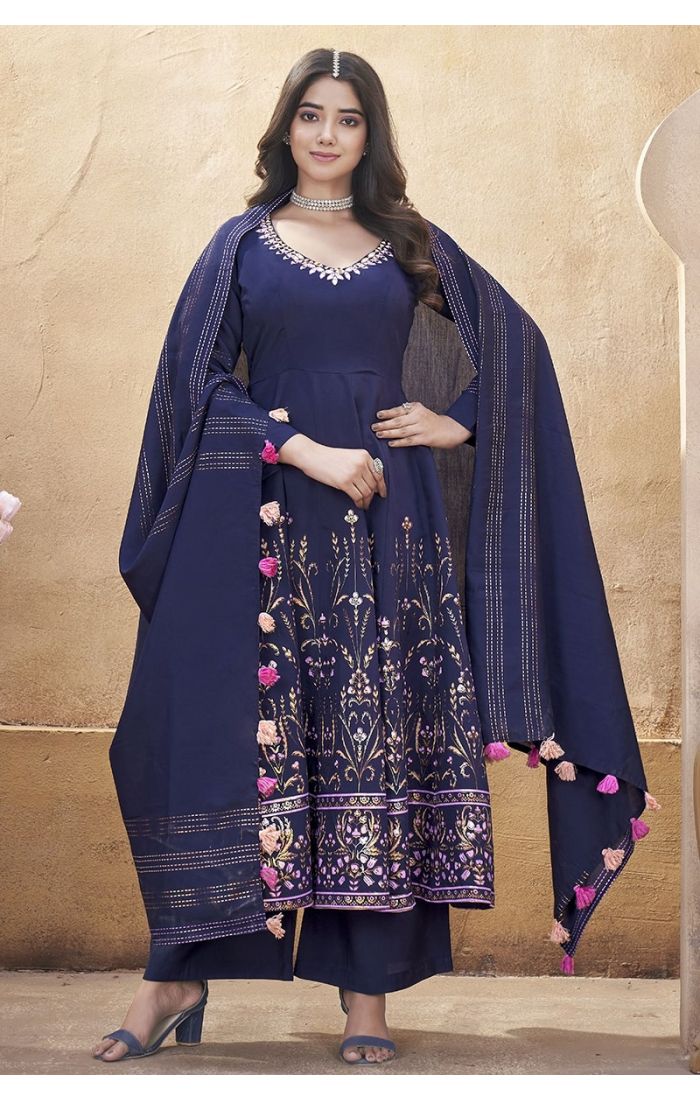 Midnight Royal Navy Blue Embroidered Palazzo Suit with Tassel Dupatta – Festive & Wedding Wear