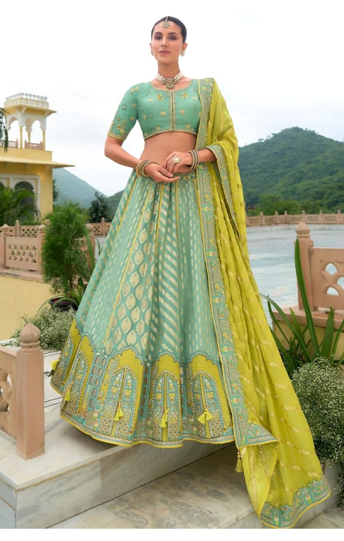 Mint Gold Banarasi Lehenga – Designer Indian Bridal & Festive Wear