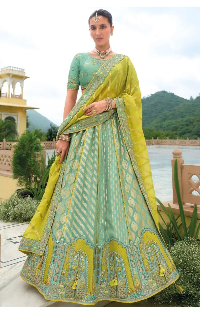 Mint Gold Banarasi Lehenga – Designer Indian Bridal & Festive Wear