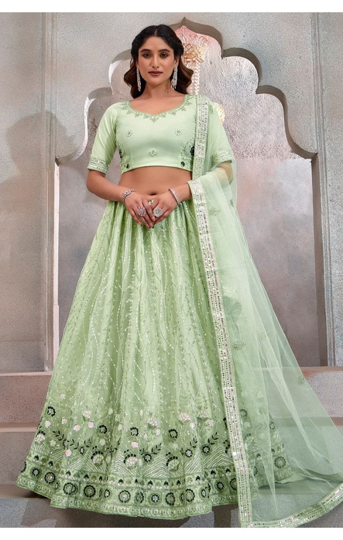 Mint Green Net Embroidered Lehenga Choli with Sequins & Zari Work – Bridal & Festive Wear