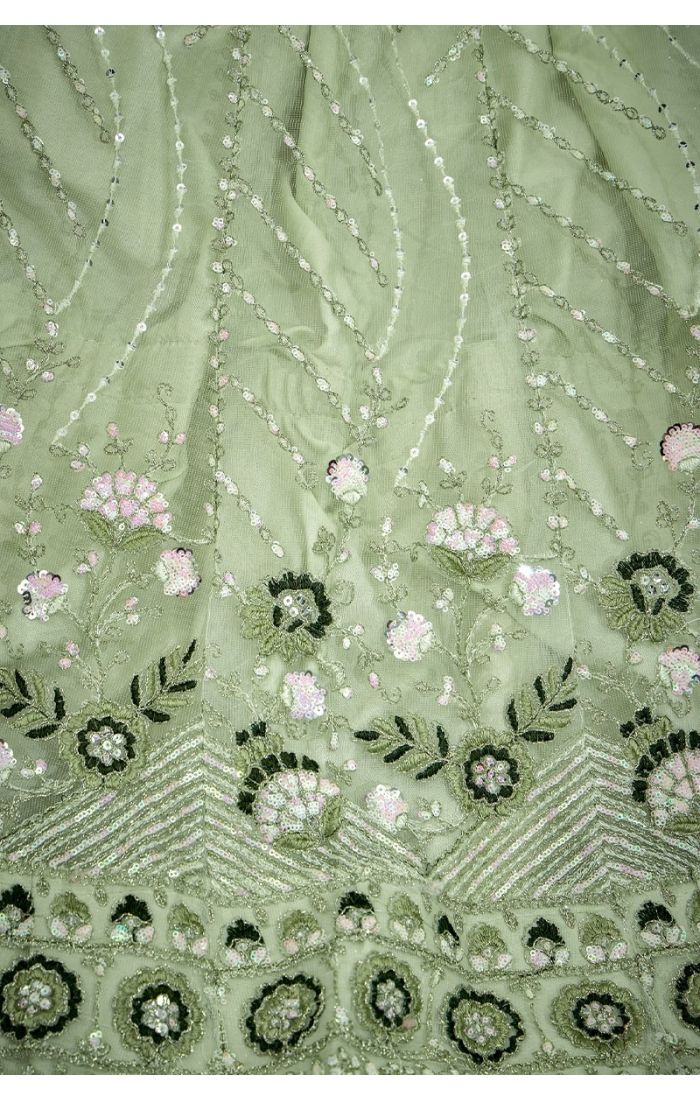 Mint Green Net Embroidered Lehenga Choli with Sequins & Zari Work – Bridal & Festive Wear