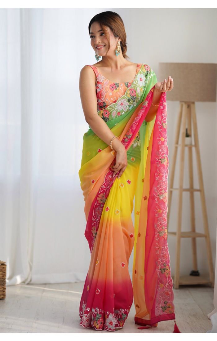 Multi-Hued Floral Embroidered Designer Saree with Border - SREV3905