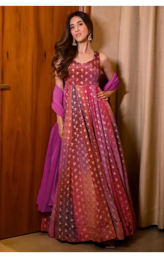 Multicolor Bandhani Anarkali Gown with Dupatta for Weddings and Festivals