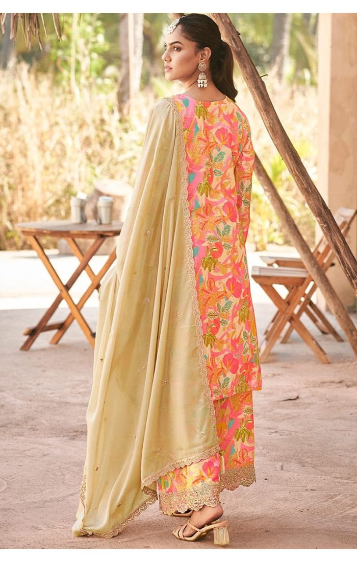 Back view highlighting round neck design and elegant draped dupatta