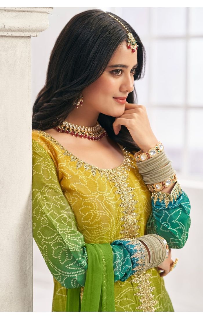 Side view showcasing vibrant digital print and draped organza dupatta