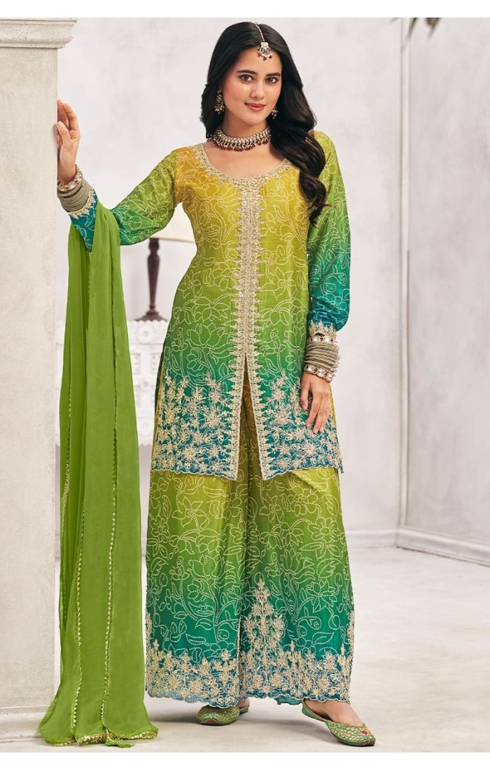  Multicolor chinon salwar suit front view with organza dupatta and embroidery