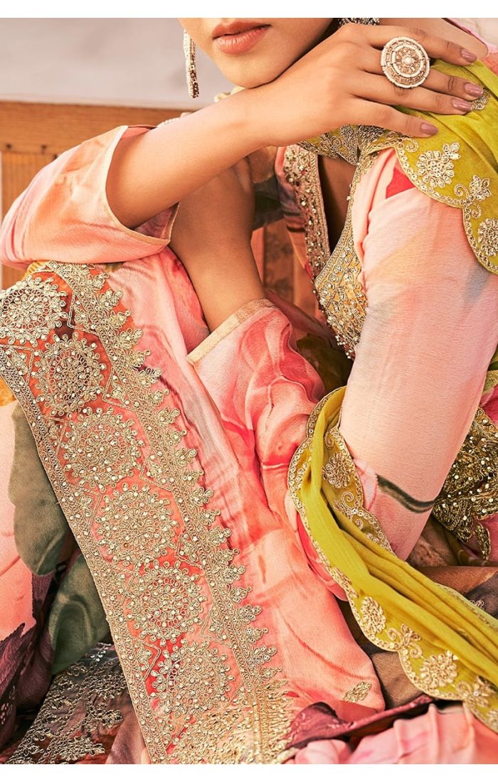  Close-up showcasing heavy thread embroidery, handwork, and vibrant digital print