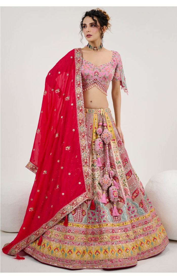 Multicolor Silk Bridal Lehenga with Zardosi and Resham Embroidery for Weddings - LEHV3872