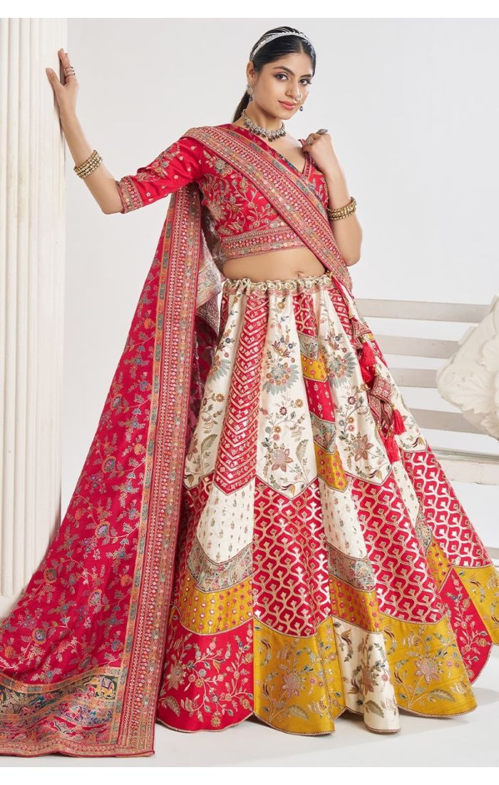 Front view of soft net Banarasi bridal lehenga in multicolor with scallop mosaic design for weddings