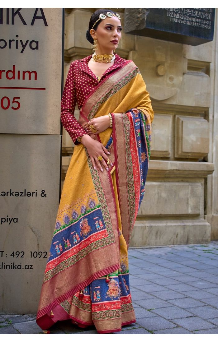 Elegant Mustard Banarasi Silk Saree with zari work and embroidered blouse for weddings and festive occasions