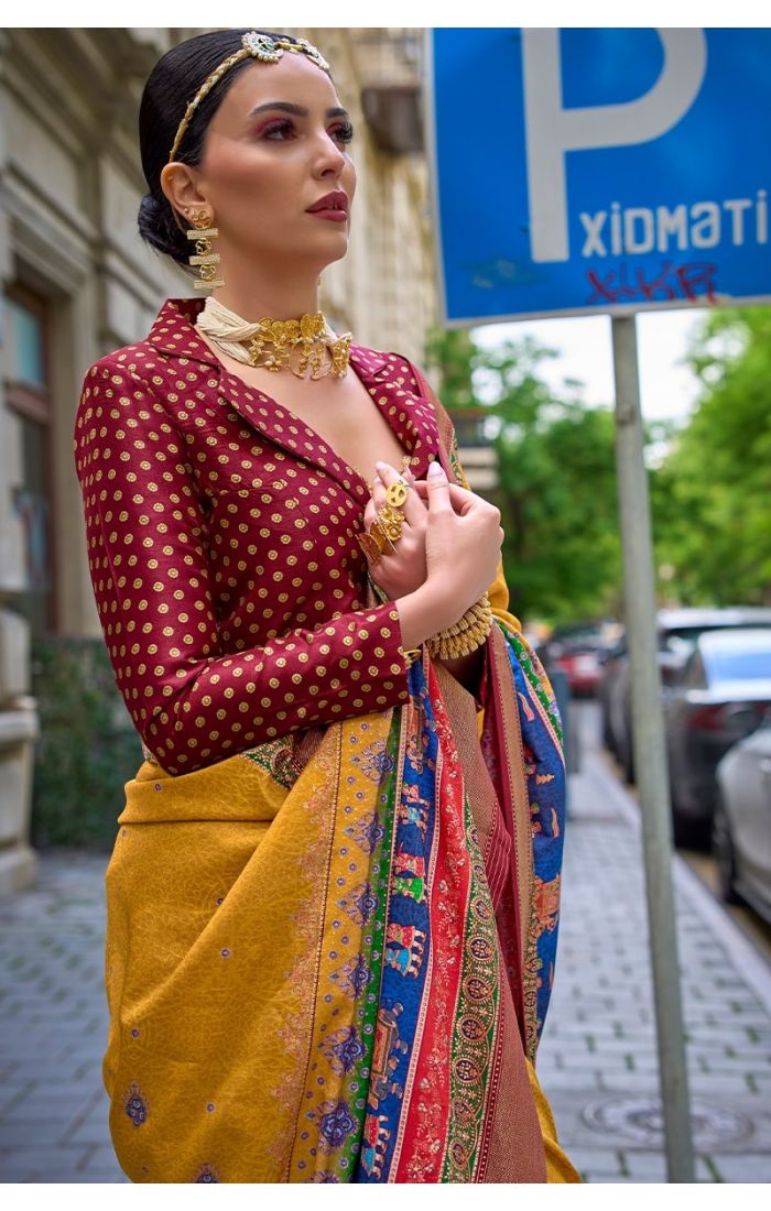 Elegant Mustard Banarasi Silk Saree with zari work and embroidered blouse for weddings and festive occasions