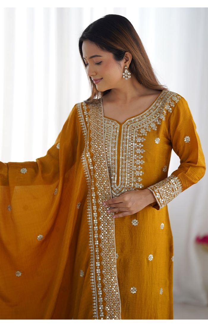 Mustard Chinon Silk Sharara Suit with handcrafted mirror, zari, and sequins embroidery – perfect for Eid, wedding, and festive occasions