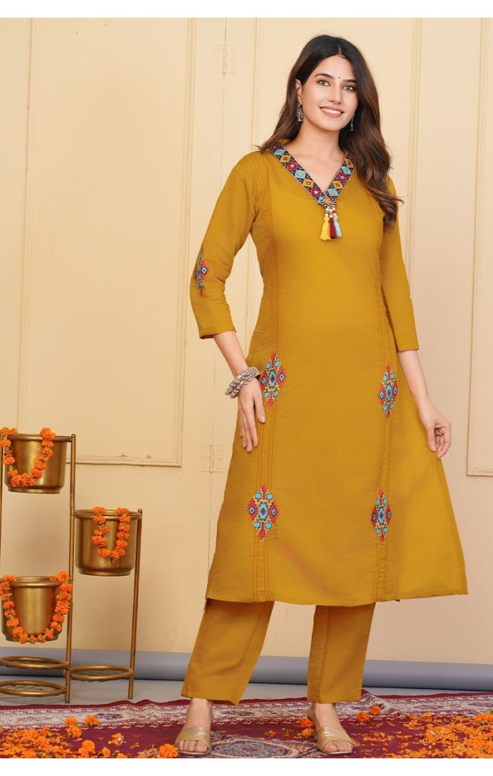 Mustard Embroidered Kurta Set with Boho Tassels and Vibrant Printed Dupatta – Traditional Festive & Wedding Wear