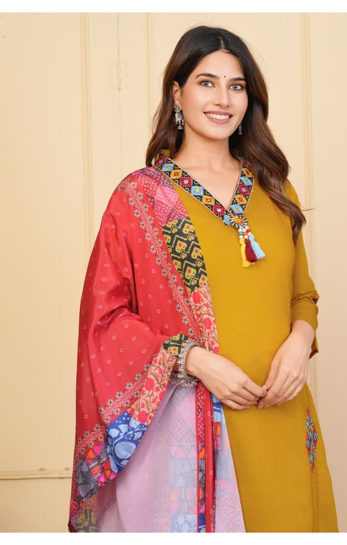 Mustard Embroidered Kurta Set with Boho Tassels and Vibrant Printed Dupatta – Traditional Festive & Wedding Wear