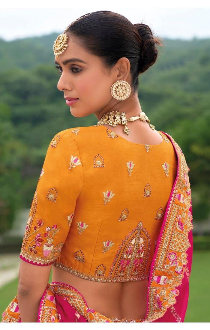 Mustard Gold Banarasi Lehenga with pink dupatta, Indian wedding lehenga for USA, UK, and Canada buyers.